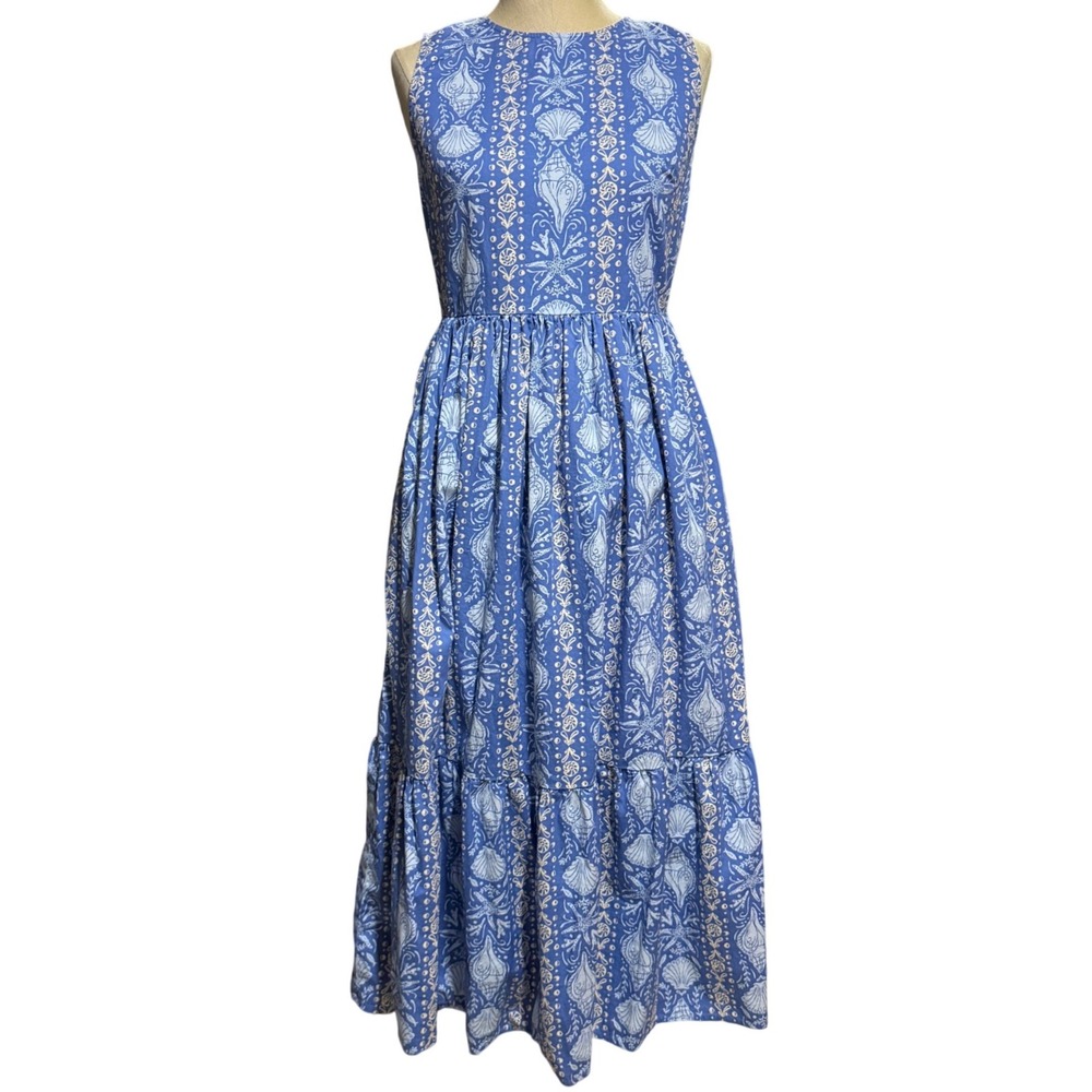 J Crew S Seashell Starfish Coastal Midi Dress Blue Summer Beach Wedding Guest